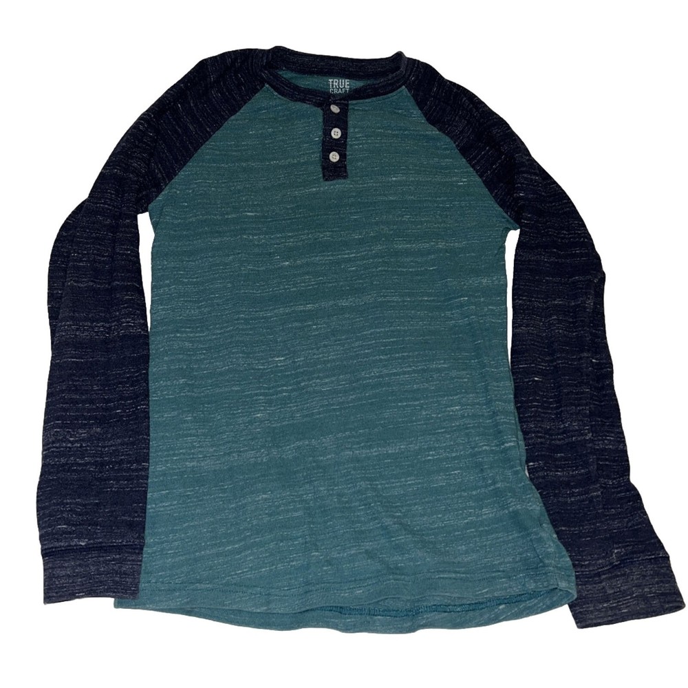 TRUE CRAFT Boys Henley Long Sleeve  Shirt Size Large Green Blue